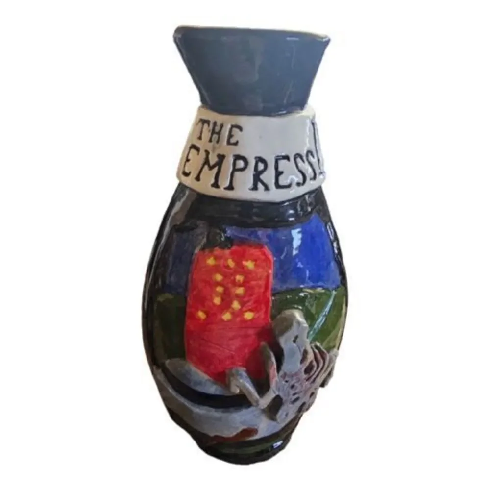 Red & Black Tarot Skeleton Spooky‎ Witch Warlock Handmade Heavy Pottery Vase